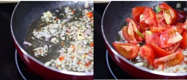 Phi thơm hành và cho cà chua vào xào chín
