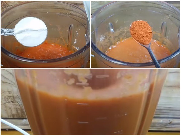 Cho bột năng, bột ớt xay cùng cà chua (nếu ăn cay có thể cho ớt sừng vào xay cùng ở bước này)