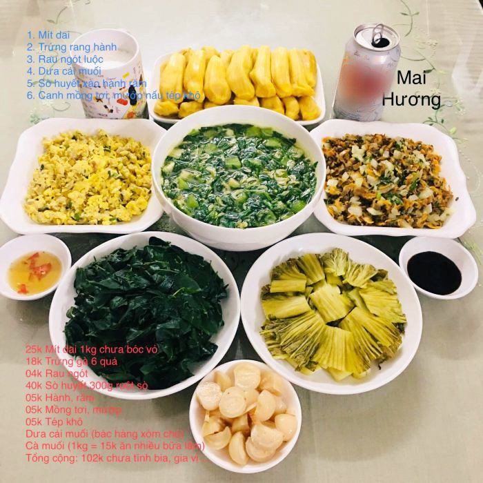 Bữa cơm gồm: Mít, trứng rang hành, rau ngót luộc, xò huyết xào hành răm, canh mồng tơi mướp nấu tép. Giá tiền 102.000đ