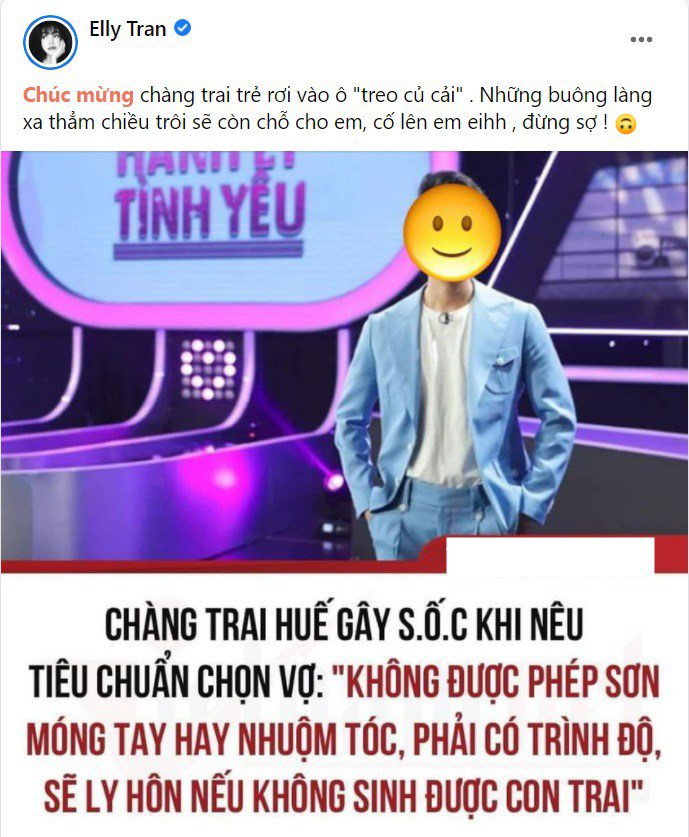 Status hài hước của Elly Trần về chàng trai đang gây dậy sóng.