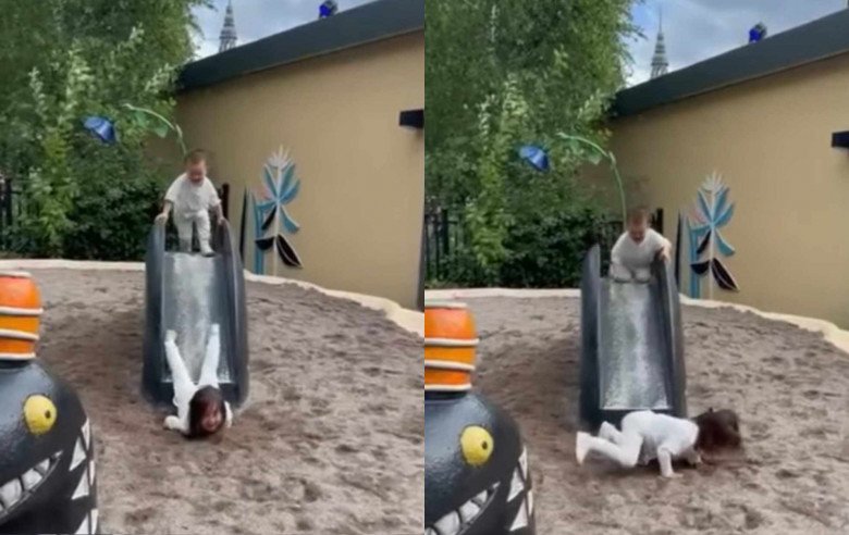 View - Con gái Lisa chuẩn thùy mị chơi cầu trượt cắm đầu xuống đất, Kim Lý trở tay chẳng kịp