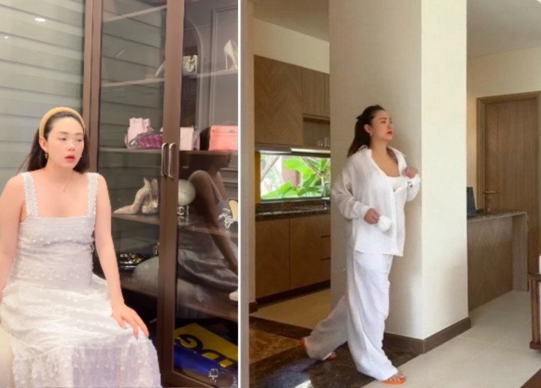 View - Minh Hằng tăng cân, mũi nở to phá nét ở tháng cuối thai kỳ, háo hức đập hộp quần áo đón con trai