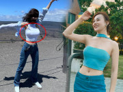 Thời trang - Phương Oanh đi bay cùng chồng, mặc chiếc áo ''mát như điều hòa'', vòng 1 liền bị đặt nghi vấn