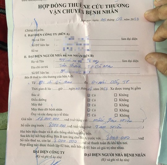 Hợp đồng thuê xe cấp cứu của anh G và đơn vị vận chuyển với giá bị cho là quá cao