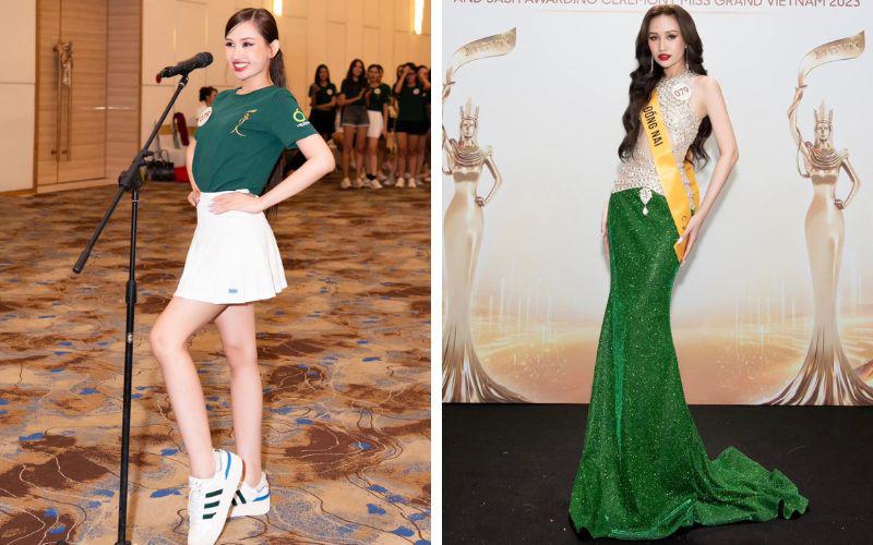Phong cách nữ tính, vừa năng động vừa quyến rũ đậm chất beauty queen được Kim Dung lựa chọn khi xuất hiện trong cuộc thi.
