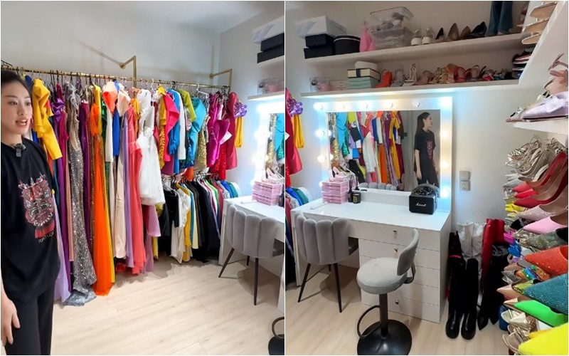 Hoa hậu giới thiệu căn phòng "làm việc" khác của mình, nơi đây chứa toàn trang phục, các món đồ thời trang để cô diện khi đi làm.
