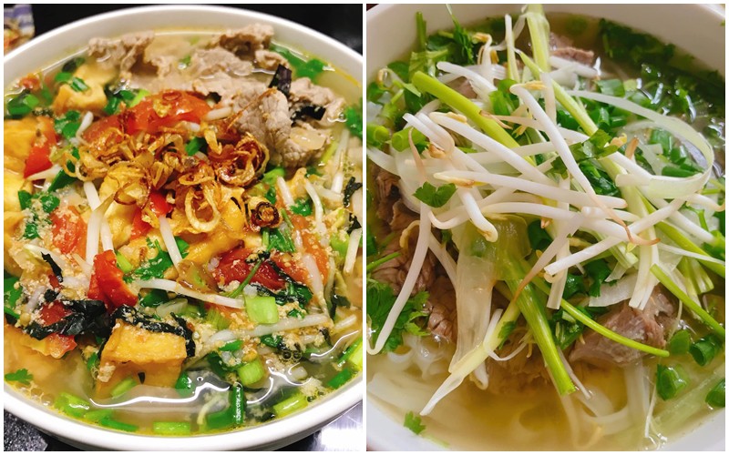 Bún ốc nóng hổi đầy topping cùng bát phở thơm ngon, giàu dinh dưỡng.
