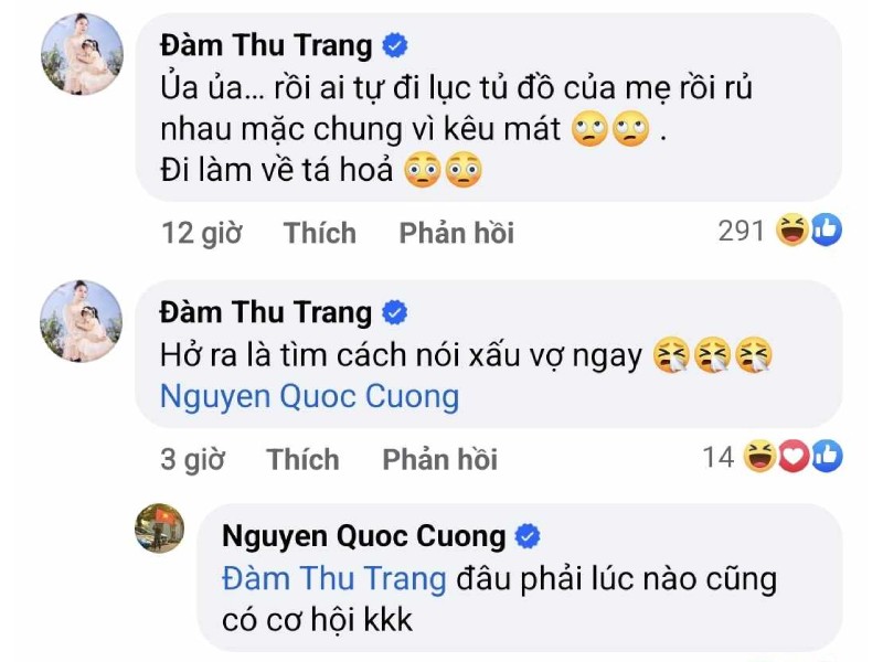 Tuy nhiên, Đàm Thu Trang đã nhanh chóng đính chính rằng đây không phải đồ cô mua cho cả nhà. Hoa khôi xứ Lạng bày tỏ sự ngỡ ngàng: 'Ủa ủa… rồi ai tự đi lục tủ đồ của mẹ rồi rủ nhau mặc chung vì kêu mát, đi làm về tá hoả. Hở ra là tìm cách nói xấu vợ ngay'.


