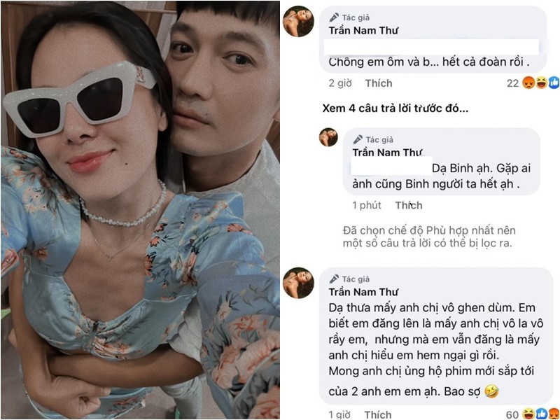 Trên trang Facebook cá nhân, Nam Thư đã đăng tải khung ảnh được diễn viên Quang Tuấn ôm ấp. Cô chia sẻ: 'Nương và Trôi ở 1 vũ trụ khác. Kiểu như gặp ở sân khấu chưa chán, phải đi chung phim nữa cho ngán bớt á trời. Ôm qua ôm lại cho huề nha'.
