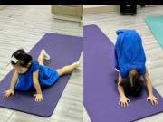 Làm mẹ - Con gái Cường Đô La làm đủ tư thế hài hước, nhìn là biết ngay bắt chước hành động ở nhà của Đàm Thu Trang