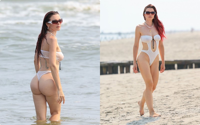 Vòng eo thon và cơ bụng săn chắc của Julia Fox được phô bày hết cỡ trong chiếc áo bikini chỉ bé bằng bàn tay.
