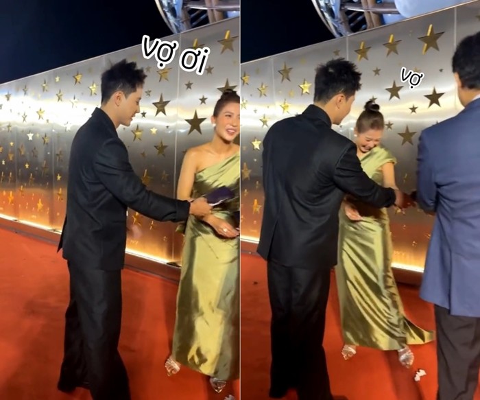 Clip Thanh Sơn gọi Khả Ngân là vợ trên thảm đỏ Cánh Diều do fan quay được.