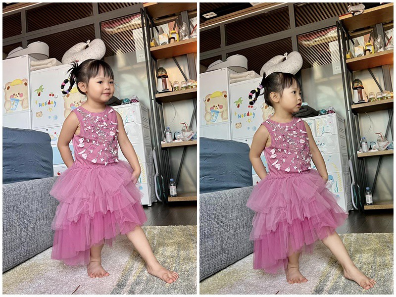 Mới đây, mẹ ruột của Đàm Thu Trang đã đăng tải loạt hình ảnh của cháu ngoại Suchin lên trang cá nhân. Trong ảnh, Suchin đáng yêu hết nấc khi diện chiếc váy hồng, tết tóc với những dây thun đa màu sắc. 
