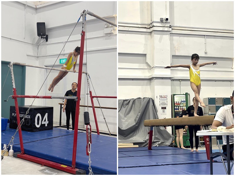 Cô chia sẻ: “Hộ tống con gái lần đầu sang Singapore đi thi Gymnastics (thể dục nghệ thuật). Con được huy chương bạc sau 4 vòng cô chú ơi. Mẹ không cần gì cả, chỉ cần thấy con vui và tự tin hơn mỗi ngày, không còn là cô bé nhút nhát nữa là mẹ hạnh phúc lắm rồi.”
