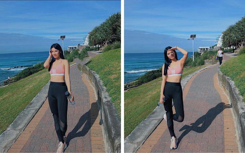 Khi đi tập luyện, trang phục thể thao với áo croptop và quần legging cũng trở thành sự lựa chọn hàng đầu của nàng "Tây Thi ngủ gật". Combo thời trang ôm sát vóc dáng giúp cô khẳng định số đo body ấn tượng.
