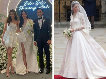 Á hậu Phương Anh diện 3 bộ váy cưới lộng lẫy trong hôn lễ, có 1 thiết kế tương đồng với Kate Middleton