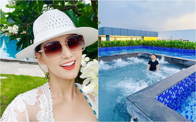 Trong khuôn viên khu nhà giàu của Lã Thanh Huyền còn có bể bơi đẹp như resort nên cô không cần đi du lịch cũng có loạt ảnh sống ảo đẹp lung linh.
