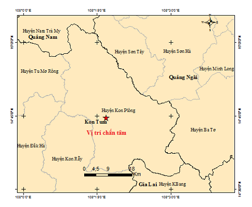 Vị trí xảy ra liên tiếp 3 trận động đất trưa nay ở Kon Tum.