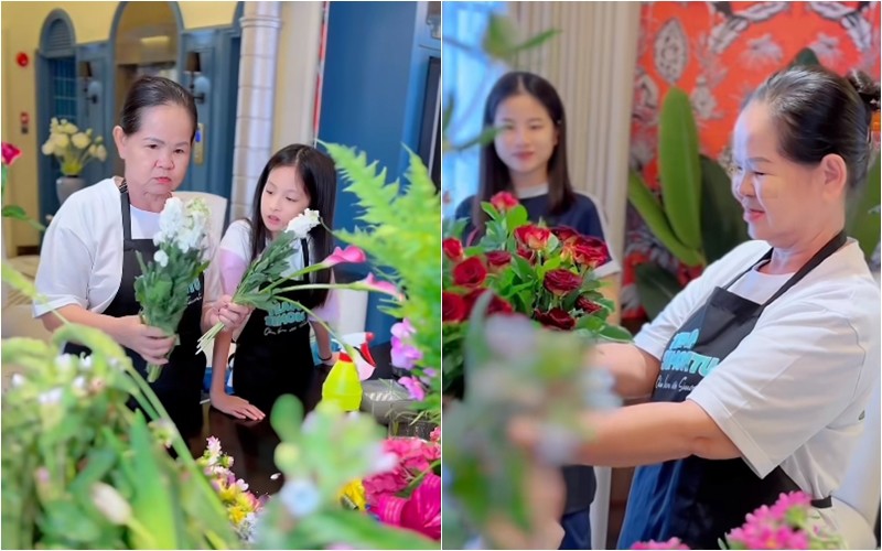 Các vú nuôi cùng các con của Đoàn Di Băng cũng được tham gia buổi học cắm hoa tại nhà. Cho thấy cô không chỉ đầu tư cho mình mà cả những người làm để được học cắm hoa vừa giải stress vừa có kỹ năng làm đẹp không gian sống.

