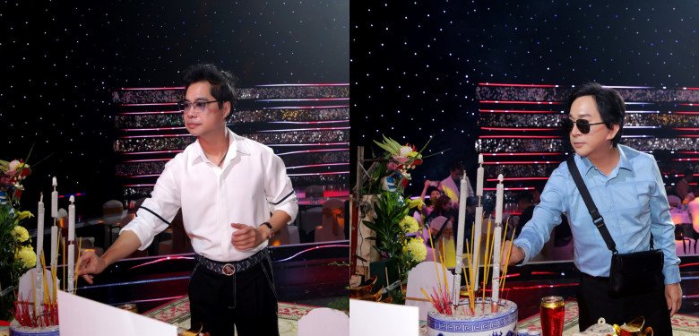 Ca sĩ Ngọc Sơn và NSƯT Kim Tử Long ăn diện lịch sự khi tham dự sự kiện dâng hương tưởng nhớ Tổ nghề.