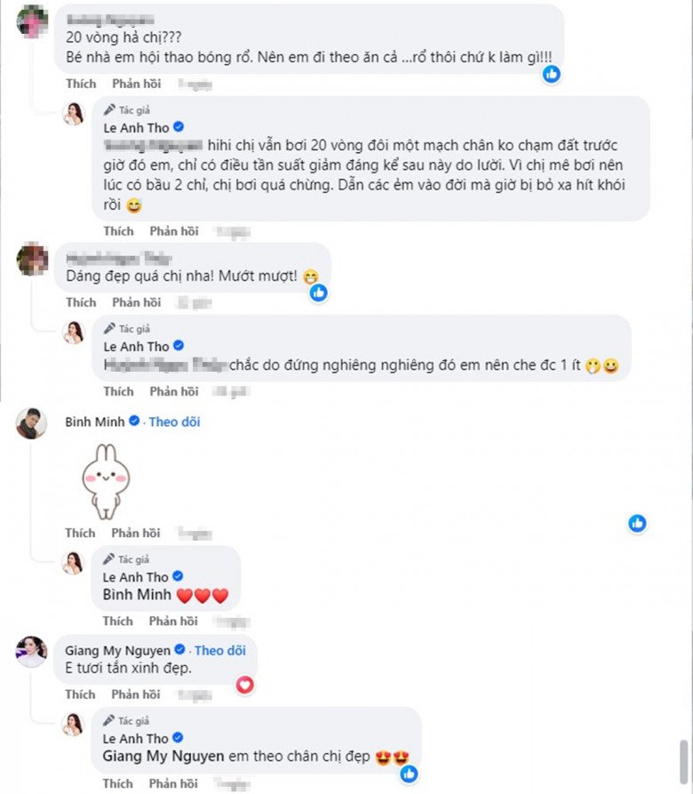 Bên dưới bài đăng, ông xã của quý cô dành tặng bà xã icon cổ vũ, động viên và tự hào. Hoa hậu Giáng My cũng phải xuýt xoa ngợi khen Anh Thơ rất tươi tắn và xinh đẹp. Quý cô bộc bạch rằng phải nỗ lực để theo chân chị đẹp.