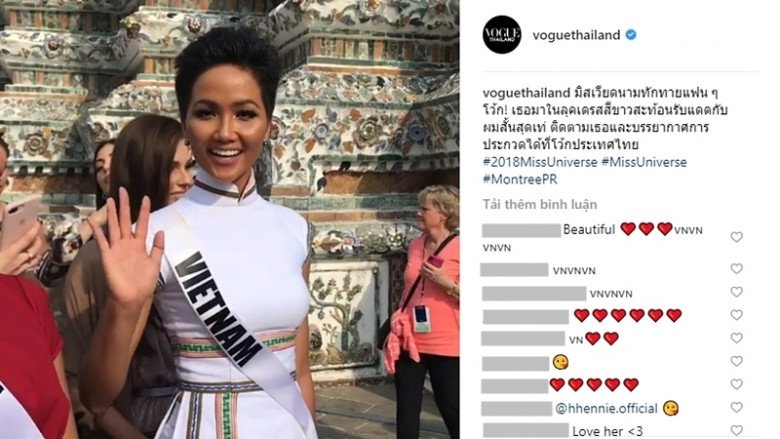 Nhờ chiếc áo dài thổ cẩm tuyệt đẹp và thời thượng của NTK Linh San, HHen Niê lập tức gây chú ý với giới báo chí và được Vogue Thái Lan đăng tải hình ảnh ngay lập tức.