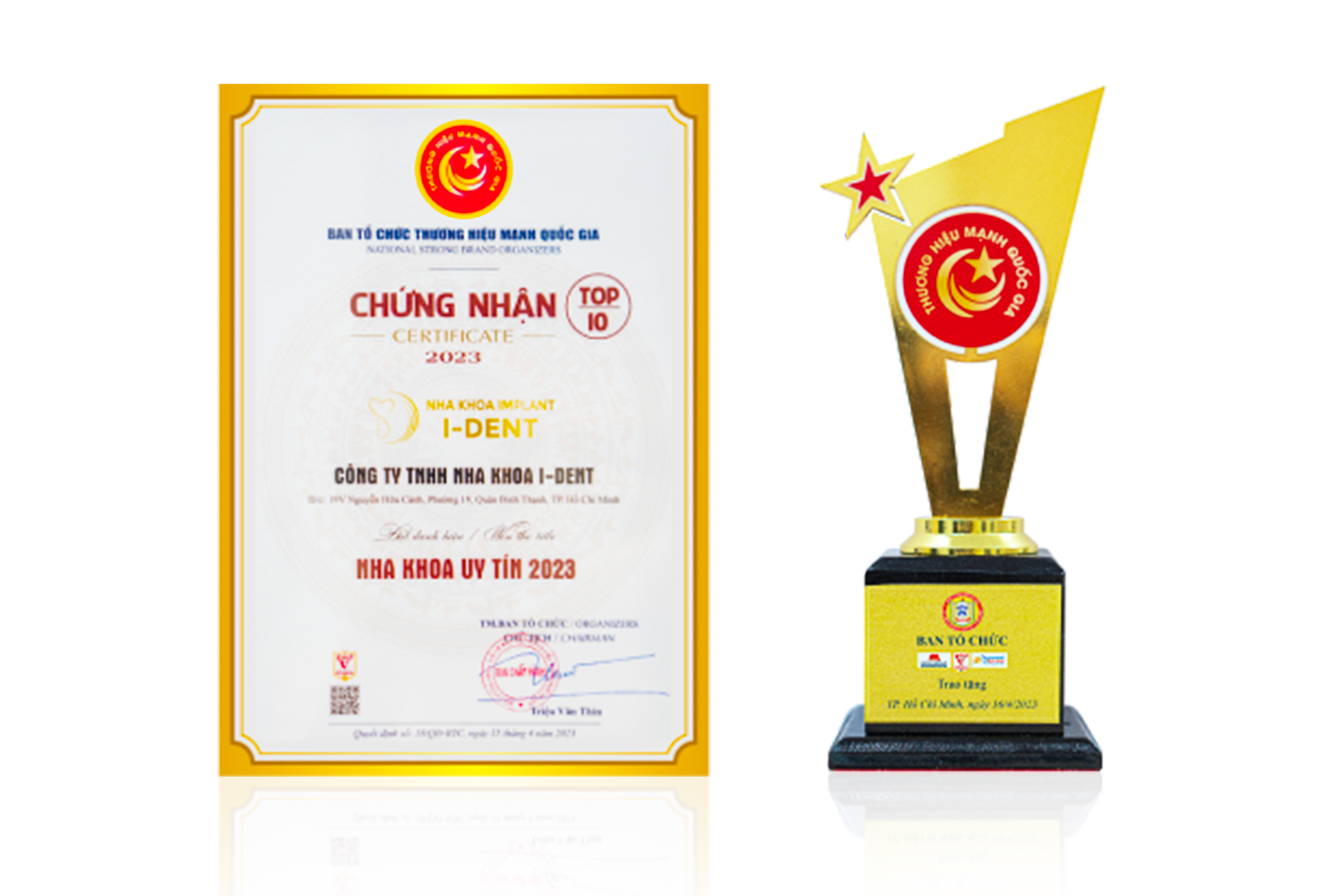 Chứng nhận top 10 nha khoa uy tín 2023 của I-Dent DiamondTech