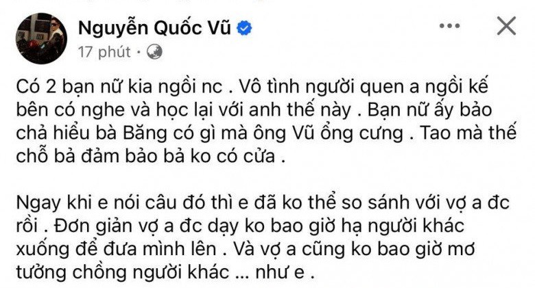 Quốc Vũ phản ứng gắt khi có người nói xấu sau lưng vợ mình. 