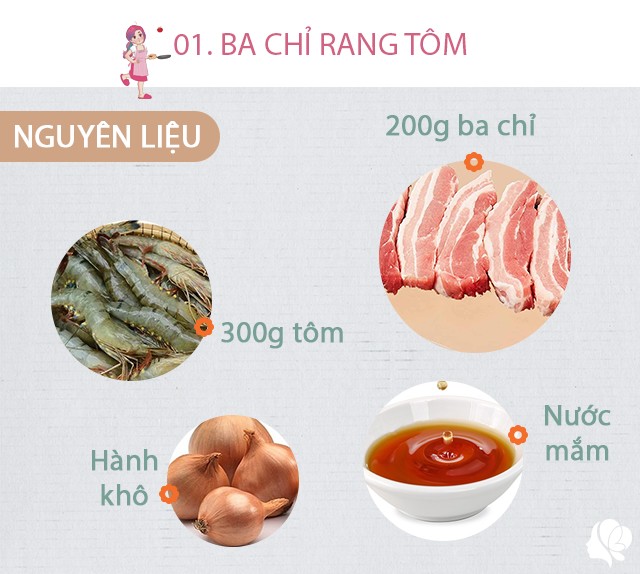 Chuẩn bị: 200g ba chỉ, 300g tôm, hành khô, nước mắm, đường.