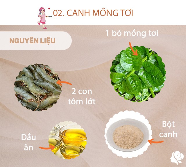 Chuẩn bị: 1 bó mồng tơi, 2 con tôm lớt, bột canh, dầu ăn.