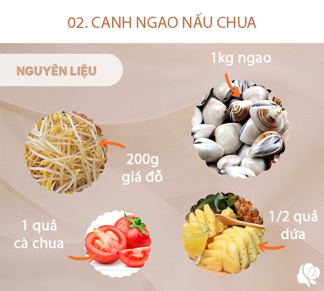 Chuẩn bị: 1kg ngao, 200g giá đỗ, 1/2 quả dứa, 1 quả cà chua, hành lá, mùi tàu, gia vị: muối.