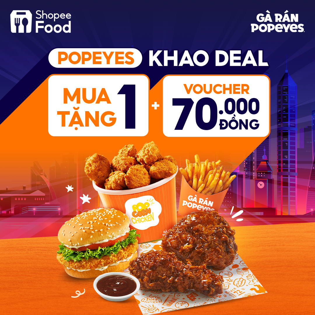 Siêu ưu đãi của POPEYES với Combo A bao gồm 2 Gà Tắm Nước Mắm, 1 Khoai Tây Chiên vừa và Nước ngọt, mua 1 tặng 1 kèm voucher 70.000 đồng ngay trên ShopeeFood.