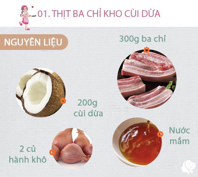 Chuẩn bị: 300g ba chỉ, 200g cùi dừa, 2 củ hành khô, nước mắm, muối, nước hàng.