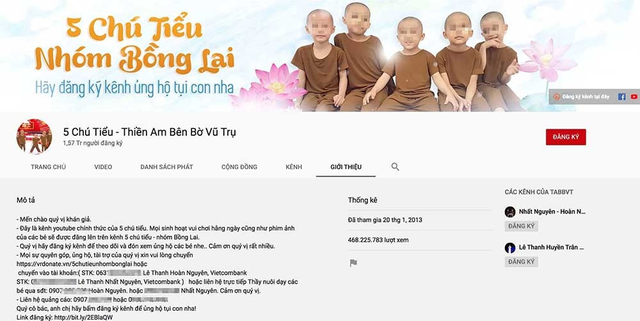 Kênh Youtube 5 chú tiểu của Tịnh thất Bồng Lai có tài khoản kêu gọi từ thiện là của Nhất Nguyên và Hoàn Nguyên