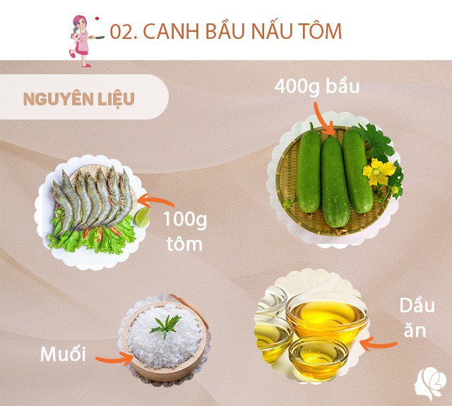 Chuẩn bị: 400g bầu, 100g tôm tươi, muối, dầu ăn, hành khô.