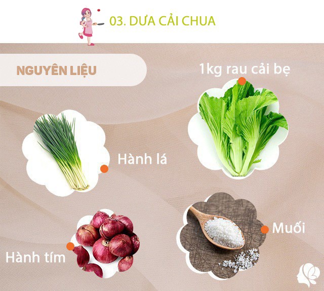 Chuẩn bị: - 500 cải bẹ - 2 củ hành tím - Một ít hành lá - Gia vị: 20g muối; 60g đường; 30ml giấm.