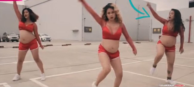 Kim Phụng (ngoài cùng bên phải) dù bầu 8 tháng vẫn nhảy nhót rất nhiệt tình.