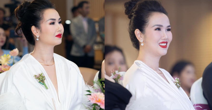 Nhan sắc rạng rỡ của mẹ bầu khi tham dự chấm thi hoa hậu.