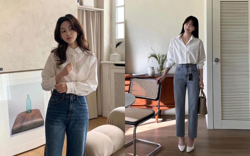 1. Áo sơ mi trắng + quần jeans xanh: Sự kết hợp này tuy đơn giản và quen thuộc nhưng vẫn giúp nàng hoàn thiện vẻ ngoài trẻ trung, trendy đậm phóng khoáng. Bạn có thể phối set đồ với giày boots, nếu muốn nữ tính hơn thì giày cao gót hay sandal là đúng chuẩn.
