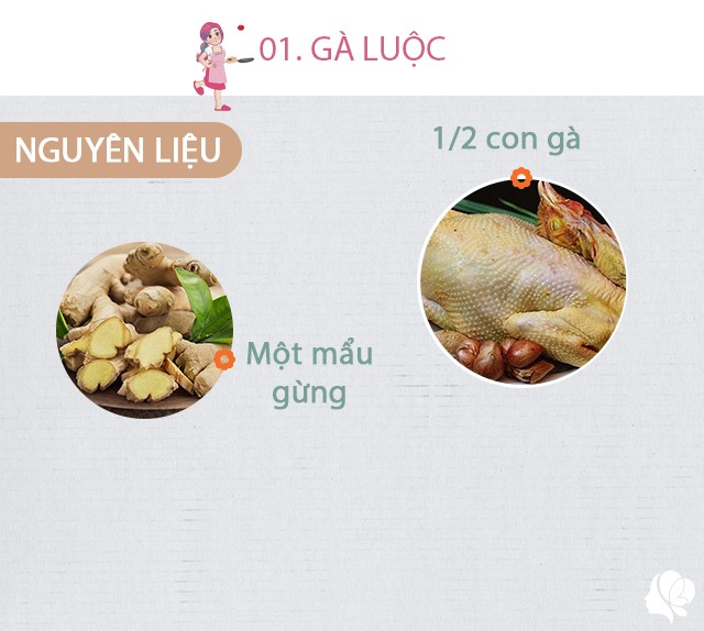 Chuẩn bị: 1/2 con gà (khoảng 1,2kg), mẩu gừng