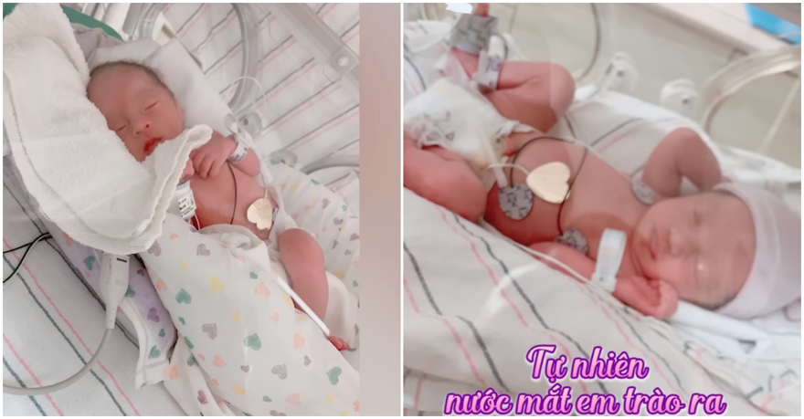 Nhìn 2 con sinh đôi yếu ớt khiến Ngọc Khánh không kiềm được nước mắt.