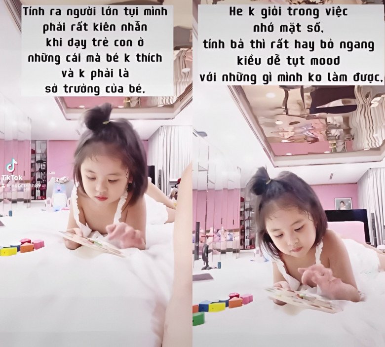 Nữ người mẫu kiên nhẫn dạy con đọc sách, học bài.