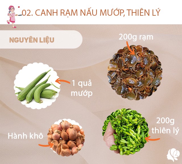 Chuẩn bị: - 200g rạm - 1 quả mướp hương - 200g hoa thiên lý - Gia vị: muối, mì chính, hành khô.