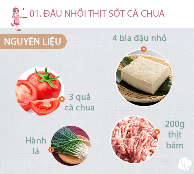 Chuẩn bị: 4 bìa đậu phụ nhỏ, 200g thịt băm, 3 quả cà chua, hành lá, nước mắm, xíu đường, bột canh, hành khô.