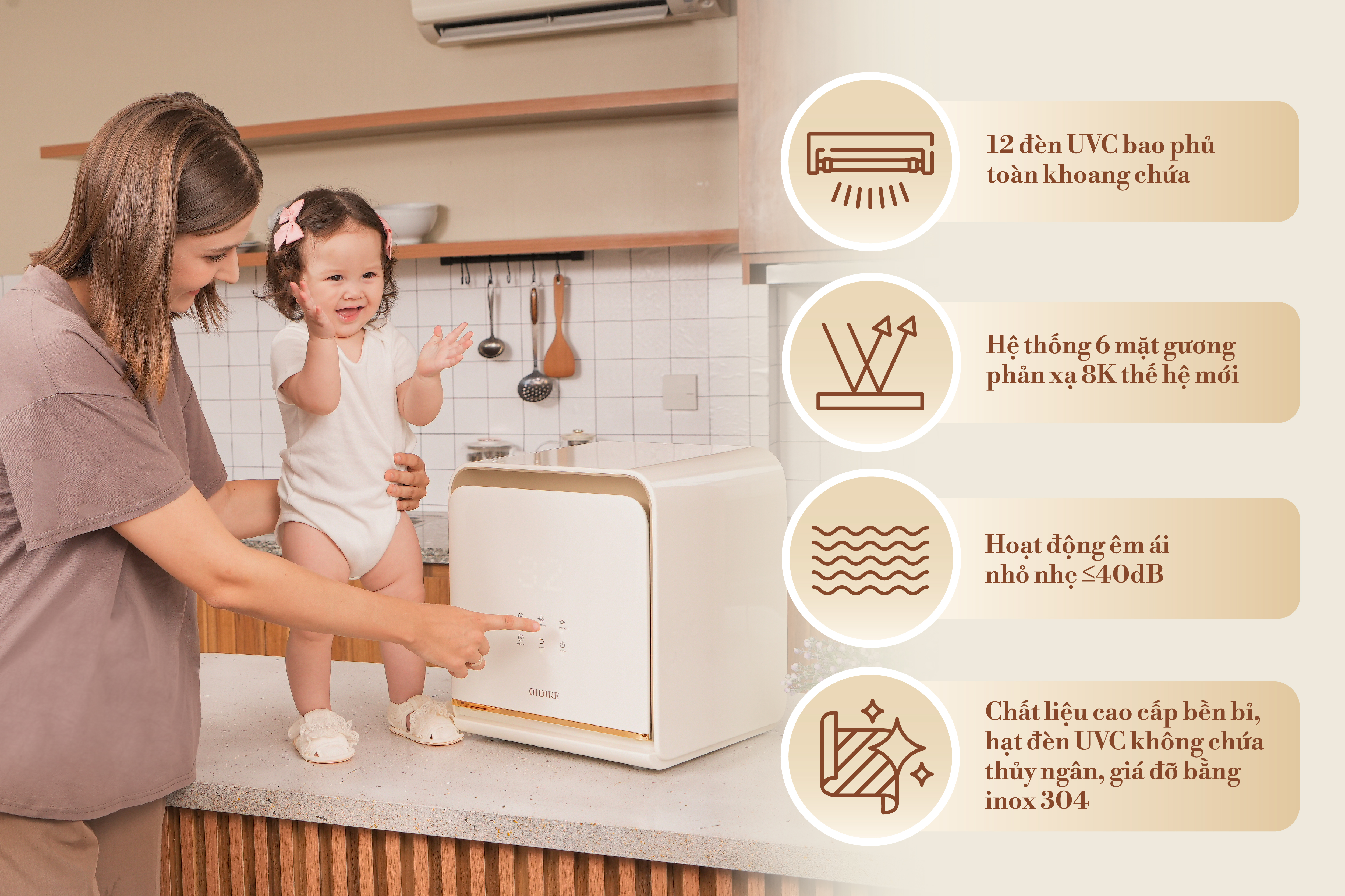 Máy tiệt trùng OIDIRE giúp mẹ bảo vệ con toàn diện trước mọi vi khuẩn, virus gây hại bám trên bề mặt bình sữa, núm ti, đồ chơi…