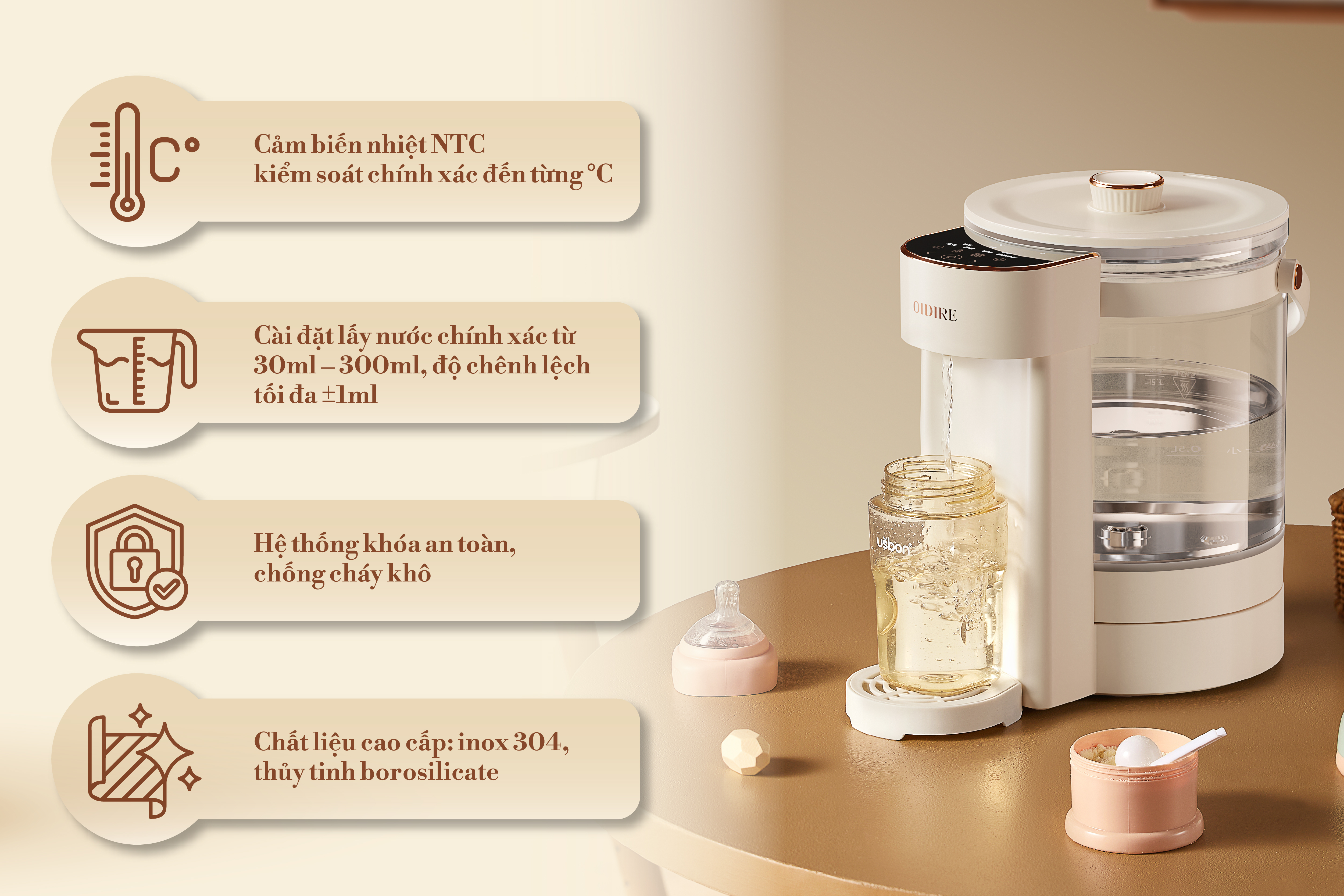 Bình thủy điện OIDIRE là trợ thủ đắc lực cho mẹ mỗi lần pha sữa cho con, chỉ cần nhấn nút là nước sạch đã sẵn sàng để sử dụng