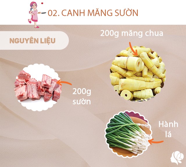 Chuẩn bị: 200g măng chua tước sợi, 200g sườn, hành lá, dầu ăn, hành khô, muối vừa ăn.