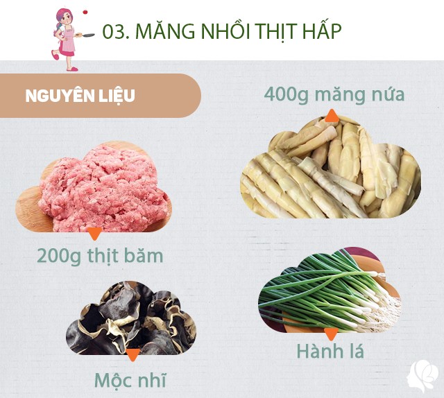 Chuẩn bị: 400g măng nứa, 200g thịt băm), một ít mộc nhĩ, bột canh, dầu ăn, hành lá, hành khô, hạt tiêu.