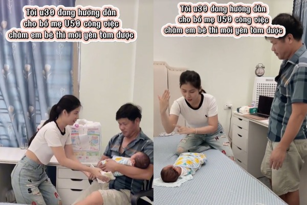 Cô hướng dẫn bố cách bế em và đóng bỉm cho em.