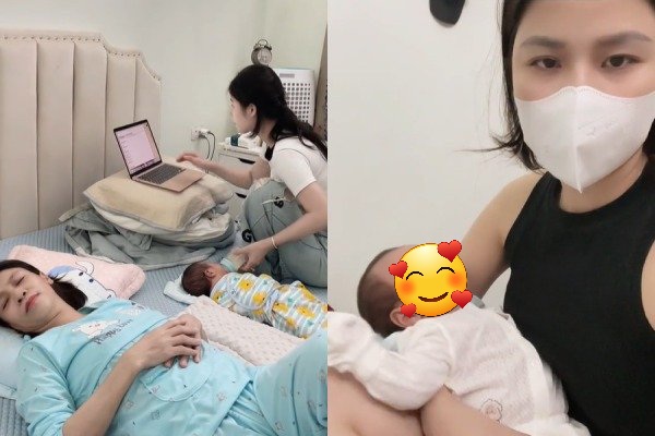 Huyền Trang đảm nhiệm chăm em cho mẹ nghỉ ngơi.